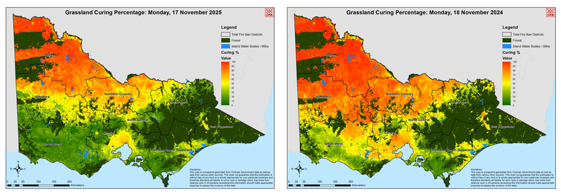 Grassland curing percentage for 2025 compared to 2024